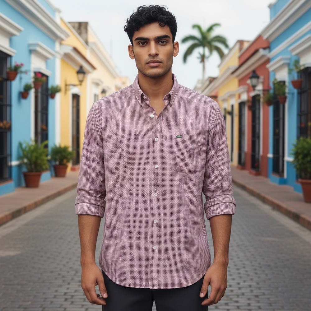 Lacoste Burgundy and White Checkered Regular Fit Button Down Shirt‎